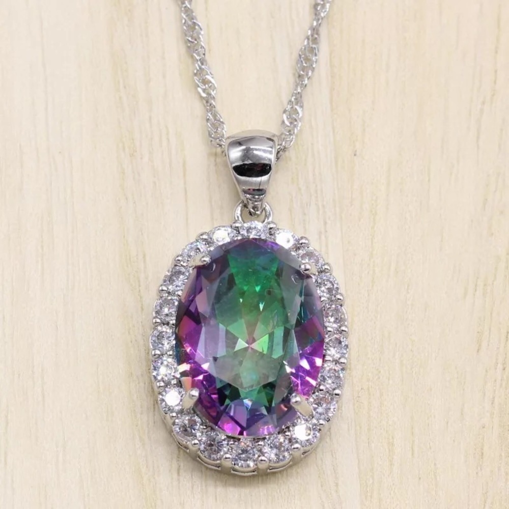 NEW - Sterling Silver Mystic Fire Topaz & Diamond Halo Pendant